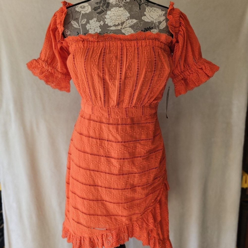 Venus Off The Shoulder Lace Eyelet Dress NWT Orange Sz. 4 - Picture 2 of 12